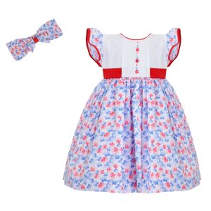 Pretty Originals Girls Red And Blue Short Sleeve Floral Dress With Headband