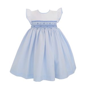 Pretty Originals Girls Pale Blue Dress With Stripe Detail And Blue Embroidery