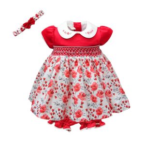 Pretty Originals Girls Red Floral Dress with Red Bloomers