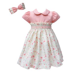Pretty Originals Girls Pink and Floral Print Dress with Fabric Headband