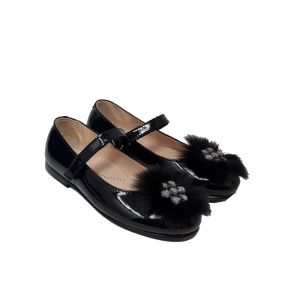 Beberlis Girls Patent Black Shoes With Velcro Strap And Fur Detail