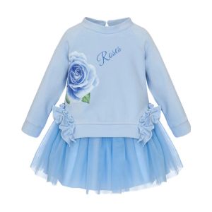 Balloon Chic Girls Blue Rose Cotton & Tulle Rose Dress