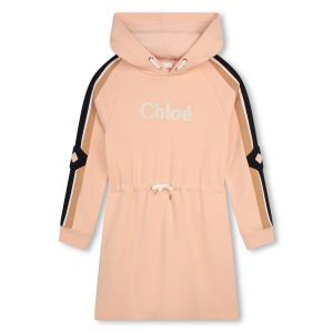 Chloé Girls Pink Organic Striped Trimmed Cotton Hooded Logo Dress