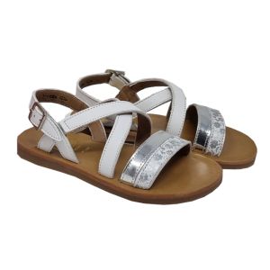 Pom D Api Girls White "Plagette Stamp" Open Sandals With Silver Detail