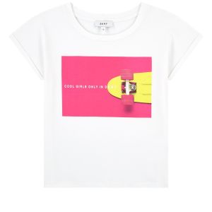 DKNY Girls White Cotton Printed Logo T-Shirt