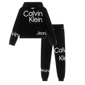 Calvin Klein Girls Black Repeat Logo Hoody and Joggers Set