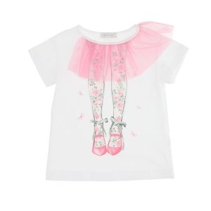 Monnalisa Girls White Cotton Pink Tulle T-Shirt