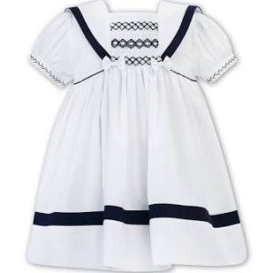 Sarah Louise Girls White & Navy  Hand-Smocked Sailor Dress