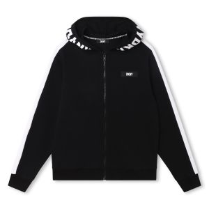 Dkny Black Zip-Up Hooded Sweatshirt With White Arm Stripe