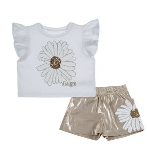 Daga Girls Sequin White and Gold Daisy T-shirt And Shorts Set