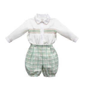 Pretty Originals Boys White and Green Checked Shirt and Shorts Outfit