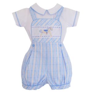 Pretty Originals Boys Pale Blue Striped Dungarees Set With Rocking Horse Smocking