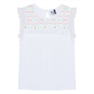 3Pommes Girls White Cotton Embroidered and Lace T-Shirt