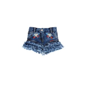 Monnalisa Girls Blue Embroidered Cherry Denim Shorts