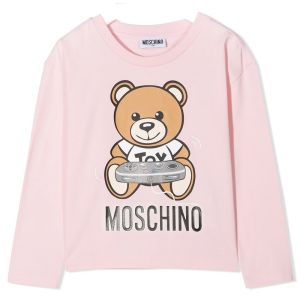 Moschino Kid-Teen Teddy Logo Long Sleeved Pink T-Shirt
