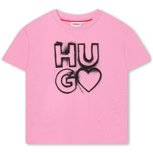 HUGO Girls Pink Cotton Heart Logo T-Shirt