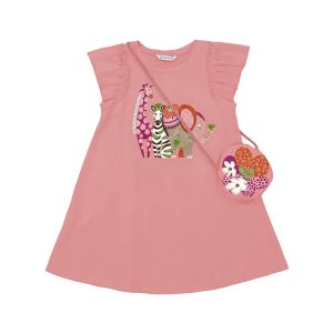 Mayoral Girls Peony Pink Dress With Animal Print And Flowery Bag Detail