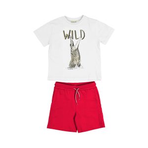 Mayoral Boys Green And White T-Shirt And Red Shorts Set With Crocodile Print