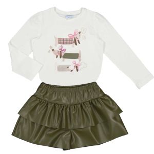 Mayoral Girls Ivory Long Sleeve Top With Dog Print And Green Leathered Skirt