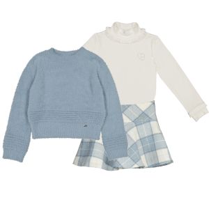 Mayoral Girls Blue Jumper, Ivory Long Sleeve Top And Checked Skirt Set