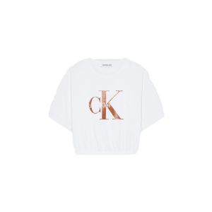 Calvin Klein Girls Ivory Boxy Waisted T-Shirt With Bronze Monogram Logo