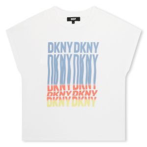 DKNY Girls White Cotton Colourful Stretched Logo T-Shirt