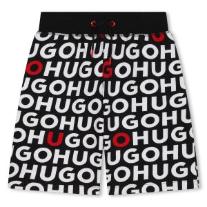 HUGO Boys Black All-Over Logo Cotton  Shorts