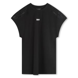 DKNY Girls Black Cotton Mesh Shoulder T-Shirt Dress