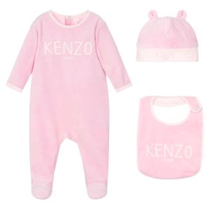 KENZO KIDS Pink Velour Embroidered Babysuit Set