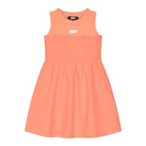 DKNY Girls Orange Shirred Cotton Dress