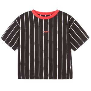 HUGO Boys Black Cotton Striped Logo T-Shirt