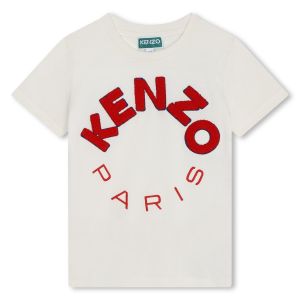 KENZO KIDS Boys  Red Bouclé Logo Ivory Cotton T-Shirt