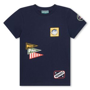 KENZO KIDS Boys Navy Blue Multi Logo Patch Cotton T-Shirt