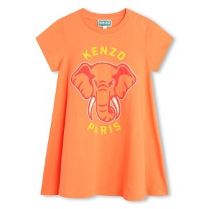 KENZO KIDS Girls SS24 Bright Orange Cotton Elephant Dress