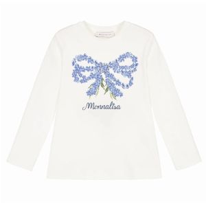 Monnalisa Girls Ivory Cotton Blue Flower Bow Diamanté Top