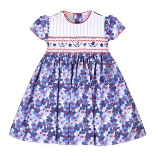 Pretty Originals Girls Blue & Red Floral Smocked Dress With Headband