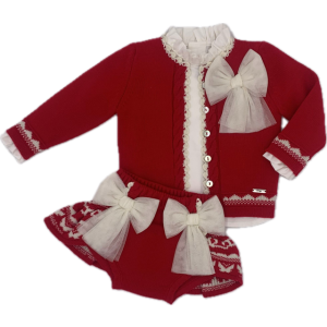 Rahigo Baby Red & Ivory Girls Cardigan, Blouse And Skirt Set