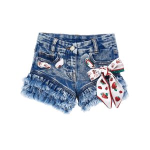Monnalisa Girls Blue Embroidered Strawberry Scarf Denim Shorts