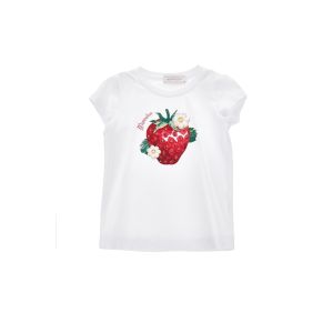 Monnalisa White Strawberry Diamanté Print Cotton T-Shirt
