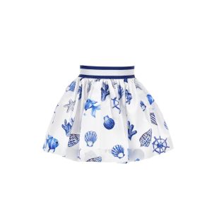 Monnalisa Girls White & Blue Cotton Shell Print Skirt