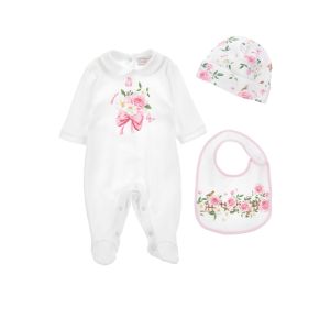 Monnalisa Girls White &amp; Pink Floral Bouquet Cotton Babygrow Set