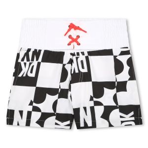 DKNY Boys Black & White Checkerboard Logo Print Swim Shorts