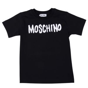 Moschino Kid Black Cotton Paint Effect Logo T-Shirt