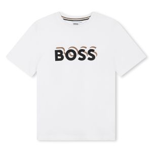 BOSS Boys Beige &amp; Black Logo  White Cotton T-Shirt