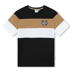 BOSS Boys NS 2024 Black Logo Striped Cotton T-Shirt
