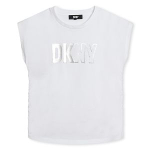DKNY Girls White Organic Cotton Metallic Silver Logo T-Shirt