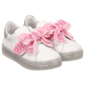 Monnalisa Girls White Trainers With Glitter Sole And Pink Bow