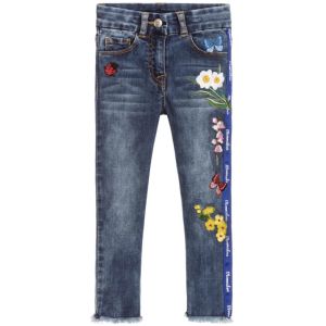 Monnalisa Blue Denim Embroidered and Beaded Jeans