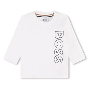 BOSS Bright White Cotton Long Logo Baby Top