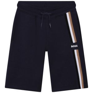 BOSS Boys Navy Blue Logo Stripe Shorts